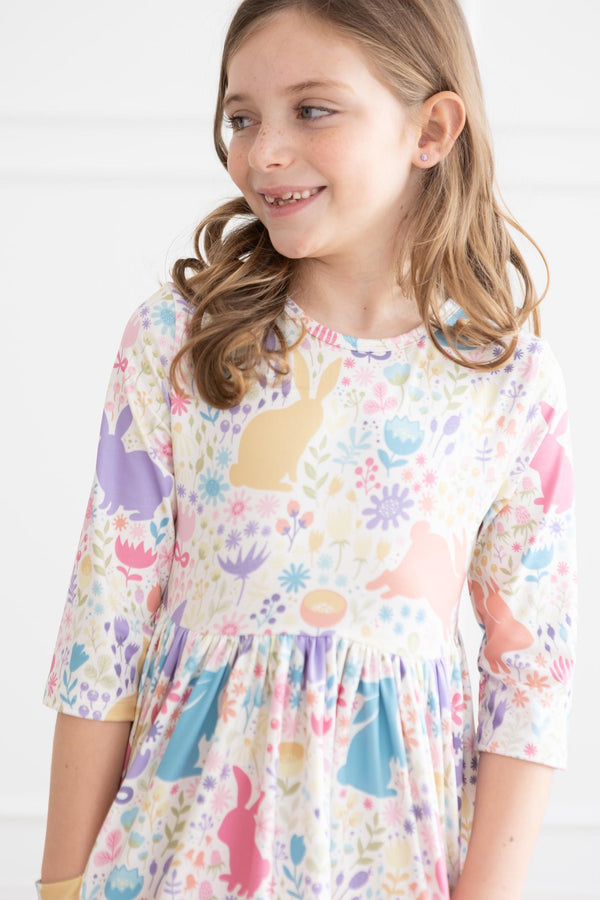 pastel-floral-bunnies-3-4-sleeve-pocket-twirl-dress Mila &  Rose - Sophia's Style-Pastel Floral Bunnies 3/4 Sleeve Pocket Twirl Dress-6-12M--1